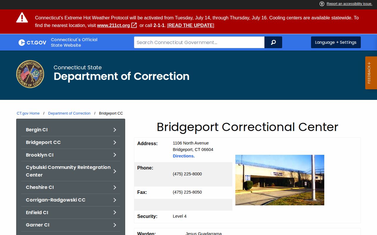 Bridgeport Correctional Center release records and facility contact page