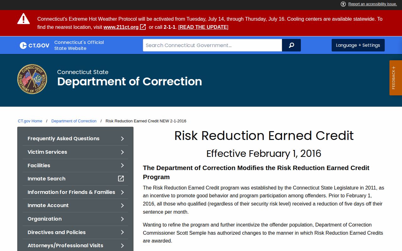 Connecticut DOC Risk Reduction Earned Credit information