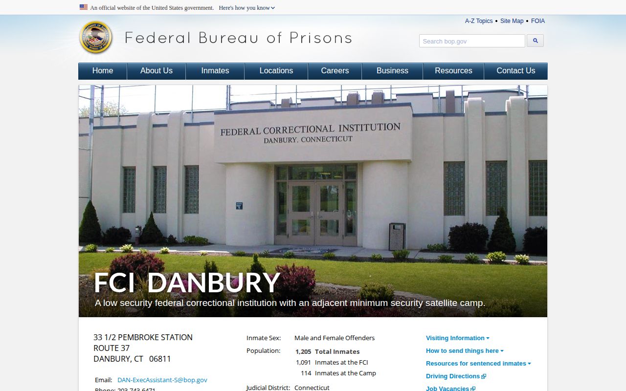 Federal Correctional Institution Danbury release contact profile