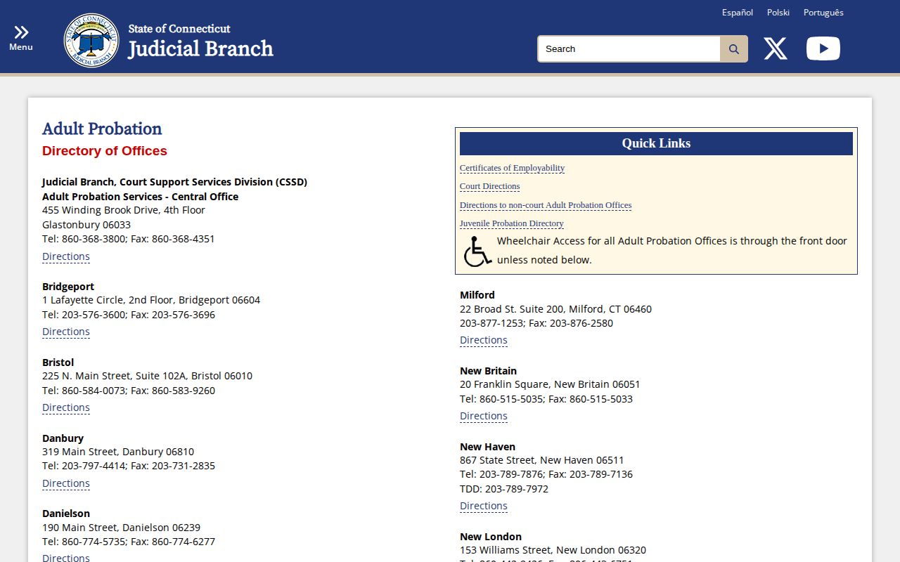 Connecticut Judicial Branch adult probation office directory